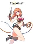  belt braid breasts brown_footwear brown_gloves brown_shorts cleavage closers copyright_name fingerless_gloves floating_hair from_side gloves groin gun hair_ornament hair_ribbon hairband heterochromia holding holding_gun holding_weapon holding_whip leg_up long_hair looking_at_viewer medium_breasts midriff navel official_art orange_hair purple_eyes red_bikini_top red_eyes red_hairband ribbon short_shorts shorts simple_background single_braid solo standing standing_on_one_leg star star_hair_ornament stomach underboob weapon white_background yellow_ribbon 