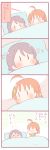  &gt;_&lt; 4koma ahoge bangs blanket blush bow braid chibi clover_hair_ornament comic commentary_request flying_sweatdrops grey_hair hair_bow hair_ornament looking_at_another love_live! love_live!_sunshine!! multiple_girls orange_hair pillow saku_usako_(rabbit) short_hair side_braid takami_chika translated under_covers watanabe_you yellow_bow |_| 
