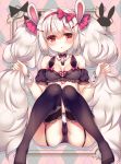  animal_ears azur_lane bangs bare_shoulders black_legwear black_panties blush bow breasts bunny_ears cameltoe chestnut_mouth collarbone commentary_request crop_top detached_sleeves eyebrows_visible_through_hair garter_straps hair_between_eyes hair_bow hairband highres laffey_(azur_lane) long_hair panties parted_lips puffy_short_sleeves puffy_sleeves red_bow red_eyes red_hairband red_ribbon revision ribbon short_sleeves silver_hair small_breasts solo suzune_rena thighhighs twintails underwear very_long_hair wrist_cuffs 