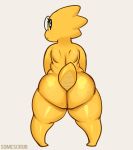  2017 alphys anthro big_butt butt eyewear female freckles glasses hi_res lizard looking_at_viewer looking_back nude raised_tail reptile scalie short_stack simple_background slightly_chubby solo somescrub standing undertale video_games white_background 