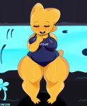  absurd_res alphys barefoot blue_clothing blush breasts buckteeth camel_toe clothed clothing english_text eyes_closed female front_view hi_res non-mammal_breasts one-piece_swimsuit open_mouth open_smile outside scales scalie short_tail smile solo somescrub standing swimsuit teeth text thick_thighs undertale video_games wide_hips yellow_scales yellow_skin 