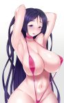  :d armpits arms_up blush breasts choker collarbone fate/grand_order fate_(series) groin highres huge_breasts long_hair minamoto_no_raikou_(fate/grand_order) navel open_mouth pink_swimsuit purple_eyes purple_hair simple_background slingshot_swimsuit smile solo strap_gap swimsuit very_long_hair white_background yua_(argaoffroad) 