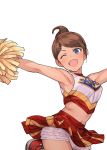  ;d armpits asahina_aoi bare_arms blue_eyes breasts brown_hair cheerleader commentary crop_top danganronpa danganronpa_1 dark_skin eyebrows_visible_through_hair frilled_panties frills hair_ornament hairclip highres jumping medium_breasts midriff navel one_eye_closed open_mouth outstretched_arms panties pom_poms ponytail red_footwear shirt shoes simple_background skirt skirt_lift sleeveless sleeveless_shirt smile solo tsurui underwear white_background white_panties 