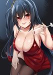  ahoge alcohol azur_lane bangs bare_shoulders black_hair black_legwear blush breasts champagne champagne_flute choker cleavage cocktail_dress collarbone commentary_request cup dress drinking_glass eyebrows_visible_through_hair hair_between_eyes hair_ornament hand_on_own_thigh highres large_breasts long_hair looking_at_viewer parted_lips red_choker red_dress red_eyes sitting smile solo spicy_moo taihou_(azur_lane) thighhighs very_long_hair wet wet_clothes 