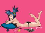  1girl bikini black_bikini blue_hair breasts eyeshadow gorillaz hair_between_eyes head_tilt looking_at_viewer lowleg makeup naughty_face nipples noodle_(gorillaz) side-tie_bikini small_breasts smirk solo swimsuit teenage twintails 