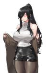  bare_shoulders black_eyes black_hair black_legwear black_shorts breasts brown_coat coat commentary cowboy_shot fingernails hair_over_one_eye high_ponytail highres large_breasts long_fingernails long_hair long_sleeves looking_at_viewer mimyo nail_polish open_clothes open_coat original pantyhose pantyhose_under_shorts parted_lips pink_lips pink_nails ponytail shorts sidelocks simple_background sleeveless sleeveless_turtleneck solo turtleneck undressing very_long_hair water_drop wet white_background 