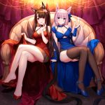  :d akagi_(azur_lane) alcohol animal_ears anniversary arm_support azur_lane bangs bare_shoulders blue_dress blue_eyes blue_footwear blush breasts bridal_gauntlets brown_hair brown_legwear champagne champagne_flute cleavage commentary_request couch crossed_legs cup cupping_glass detached_sleeves dress drinking_glass eyebrows_visible_through_hair fox_ears fox_girl fox_tail glint high_heels holding holding_cup kaga_(azur_lane) kitsune large_breasts long_hair multiple_girls on_couch open_mouth parted_lips red_dress red_eyes red_footwear round_teeth shoe_dangle shoes silver15 silver_hair sitting sleeveless sleeveless_dress smile stiletto_heels tail tail_raised teeth thighhighs upper_teeth very_long_hair 