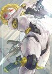  android bayonet blonde_hair breasts dual_wielding gun h&amp;k_mp7 heckler_&amp;_koch highres holding jiro_morisaki original red_eyes robot_joints short_hair small_breasts solo submachine_gun weapon 