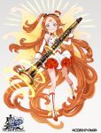 absurdly_long_hair blue_eyes boots clarinet commentary_request company_name copyright_name detached_sleeves facial_mark fairy_wings forehead_mark full_body grey_background grin hairband hat holding holding_instrument instrument knee_boots long_hair looking_at_viewer mini_hat official_art pointy_ears red_hair side_ponytail skirt smile solo standing the_caster_chronicles very_long_hair watermark white_skirt wings wrist_cuffs yuko_(uc_yuk) 