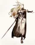  blonde_hair breasts closed_eyes closed_mouth commentary_request full_body head_wings highres holding holding_sword holding_weapon keemu_(occhoko-cho) long_hair long_legs outstretched_arm sandals solo sword weapon white_background 