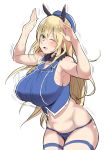  ;d absurdres adapted_uniform armpits atago_(kantai_collection) bangs beret blonde_hair blue_panties blush body_blush bouncing_breasts breasts collarbone collarbone_visible_through_hair commentary_request covered_nipples cowboy_shot double_vertical_stripe ears_visible_through_hair eyebrows_visible_through_hair fur_collar green_eyes hair_between_eyes hands_up hat highres huge_breasts kantai_collection kayumidome legs_together long_hair looking_at_viewer military military_uniform no_navel one_eye_closed open_mouth panties sagging_breasts sideboob simple_background sleeveless sleeveless_blazer smile solo sweat underwear uniform white_background 