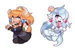  2018 alternate_species blonde_hair blue_eyes boo_(mario) bowser broken_horn chibi clothed clothing digital_media_(artwork) duo ear_piercing female hair hair_over_eye horn humanoid humanoidized king_boo looking_at_viewer mario_bros nintendo open_mouth piercing pink_eyes pointy_ears raikissu simple_background super_crown tongue tongue_out video_games white_background white_hair 