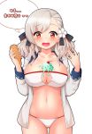  bikini bloody0rabby blush breasts cherry cleavage cone flower food fruit girls_frontline grey_hair gun hair_flower hair_ornament highres ice_cream ice_cream_cone ice_cream_cone_spill jacket korean large_breasts long_hair open_mouth ribbon shiny shiny_skin shotgun spas-12 spas-12_(girls_frontline) swimsuit thick_thighs thighs twintails weapon white_bikini 