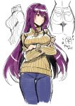  arms_under_breasts breasts casual crossed_arms denim fate/grand_order fate_(series) hair_intakes jeans large_breasts long_hair looking_to_the_side pants purple_hair red_eyes ribbed_sweater scathach_(fate)_(all) scathach_(fate/grand_order) shimo_(s_kaminaka) sketch solo sweater turtleneck turtleneck_sweater white_background 