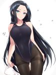  absurdres air_bubble arms_at_sides black_hair black_legwear blue_eyes bow breasts bubble competition_swimsuit covered_navel forehead hair_bow highres hikage_(sennen_sensou_aigis) long_hair looking_at_viewer one-piece_swimsuit pantyhose pantyhose_under_swimsuit ribbon sennen_sensou_aigis solo standing swimsuit thighband_pantyhose very_long_hair white_background white_ribbon yki 