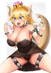  bare_shoulders black_dress black_panties blonde_hair blue_eyes bowsette bracelet breasts collar collarbone commentary_request crown dress eyebrows_visible_through_hair grey_background horns huge_breasts jewelry long_hair mario_(series) nanasumin new_super_mario_bros._u_deluxe panties sharp_teeth solo spiked_armlet spiked_bracelet spiked_collar spiked_thighlet spikes spread_legs super_crown tail teeth thick_eyebrows thick_thighs thighs underwear 