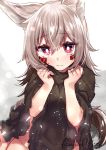  akasha_(syakoba) animal_ears borrowed_character commentary_request dated expressionless green_hair highres kitasaya_ai long_hair no_panties original poncho red_eyes signature tail torn_clothes wolf_ears wolf_tail 