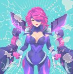  alternate_costume alternate_hair_color alternate_hairstyle blue_background breasts brown_eyes cleavage dual_wielding elbow_gloves eyepatch gloves highres holding large_breasts league_of_legends lipstick looking_at_viewer mad39 makeup pink_gloves pink_hair sarah_fortune solo standing 