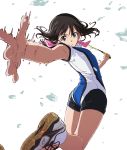  :o absurdres ass badminton_racket bow brown_hair commentary foreshortening green_eyes hair_bow hanebado! hanesaki_ayano highres long_hair motion_blur pink_bow racket revision shoes sneakers solo sportswear sweat tomato_(lsj44867) twisted_torso white_background 