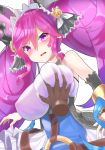  bare_shoulders bell blue_hair blush breast_grab breasts cleo_(dragalia_lost) commentary_request covered_nipples detached_sleeves disembodied_limb dragalia_lost grabbing gradient gradient_hair hair_bell hair_ornament highres jingle_bell large_breasts multicolored_hair open_mouth pink_eyes pink_hair simple_background sweatdrop templus twintails wavy_mouth white_background 
