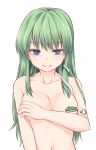  =3 bangs blue_eyes breasts censored collarbone commentary_request covering covering_breasts eyebrows_visible_through_hair frog green_hair hair_ornament kochiya_sanae long_hair looking_at_viewer medium_breasts miyo_(ranthath) navel novelty_censor nude sidelocks simple_background smile snake_hair_ornament solo stomach touhou upper_body white_background 