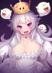  blush boo breasts cleavage collarbone crown dress elbow_gloves eyebrows_visible_through_hair ghost_pose gloves highres large_breasts long_hair looking_at_viewer luigi's_mansion mario_(series) new_super_mario_bros._u_deluxe open_mouth pink_eyes pointy_ears princess_king_boo sharp_teeth smile solo super_crown teeth tongue upper_body white_dress white_gloves white_hair zeolch 