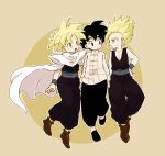  annotated black_footwear black_hair blonde_hair brown_footwear cape dragon_ball dragon_ball_z full_body highres long_sleeves male_focus multiple_boys multiple_persona nishi1225 pants sepia_background shirt shoes simple_background sleeveless sleeveless_shirt son_gohan super_saiyan white_shirt wristband 