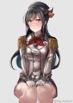  anchor asashio_(kantai_collection) beret black_hair blush breasts buttons closed_mouth commentary_request cosplay epaulettes eyebrows_visible_through_hair gloves grey_background grey_eyes hat juurouta kantai_collection kashima_(kantai_collection) kashima_(kantai_collection)_(cosplay) kerchief long_hair long_sleeves looking_at_viewer military military_jacket military_uniform miniskirt naval_uniform pleated_skirt red_neckwear simple_background sitting skirt small_breasts solo twitter_username uniform white_gloves 