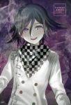  :d black_hair chain checkered checkered_neckwear copyright_name cravat danganronpa double-breasted eyebrows_visible_through_hair hair_between_eyes head_tilt kippu long_sleeves looking_at_viewer male_focus messy_hair multicolored_hair new_danganronpa_v3 open_mouth ouma_kokichi pale_skin purple_background purple_hair ringed_eyes round_teeth safety_pin signature smile smoke solo streaked_hair teeth unmoving_pattern upper_body upper_teeth white_coat 