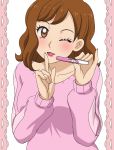  1girl blush breasts brown_eyes brown_hair happy highres holding index_finger_raised kamisama_minarai:_himitsu_no_cocotama long_sleeves looking_at_viewer makino_tomoyasu matching_hair/eyes medium_breasts medium_hair milf one_eye_closed parted_lips pink_clothes pregnancy_test simple_background smile solo upper_body wink yotsuba_misato 