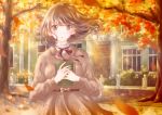  autumn autumn_leaves blurry blush bokeh book book_hug brown_dress brown_eyes brown_hair commentary_request day depth_of_field dress eyebrows_visible_through_hair fingernails hair_blowing hands_together high_collar highres holding holding_book hoshiibara_mato house ironwork long_sleeves looking_at_viewer medium_hair neck_ribbon original outdoors parted_lips ribbon sash solo tree upper_body wind 