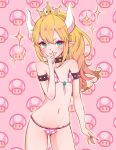  :d bare_shoulders bikini black_collar blonde_hair blue_eyes blush bowsette collar collarbone commentary_request cowboy_shot crown earrings fang fingernails high_ponytail highres horns jewelry long_hair looking_at_viewer mario_(series) mini_crown mushroom nail_polish navel new_super_mario_bros._u_deluxe open_mouth pink_background pink_bikini pointy_ears polka_dot polka_dot_bikini ponytail red_nails sidelocks smile solo sparkle spiked_armlet spiked_collar spikes super_crown super_mushroom swimsuit xenxen younger 
