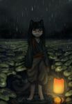  2018 anthro barefoot biped black_clothing black_hair cat clothed clothing creepy crying dark dark_sky dark_theme digital_media_(artwork) feline female flickeru frown fur grey_fur hair haori headband holding_object holding_weapon japanese_clothing katana lantern long_hair looking_at_viewer mammal melee_weapon obi orange_eyes outside plant portrait raining rock solo soul_devouring_eyes standing storm sword tears water weapon 