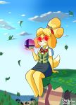  2018 animal_crossing anthro blonde_hair canine clothed clothing cloud digital_media_(artwork) dog female glowing glowing_eyes hair hi_res ikaribunbun isabelle_(animal_crossing) mammal nintendo outside shih_tzu sitting sky smash_ball smile solo super_smash_bros video_games 