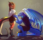  anthro clothed clothing dragon duo female ghostli horn male pregnant scalie smile standing thick_thighs watermark wings 