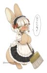  alternate_costume alternate_hairstyle animal_ears artist_name blush bow braid broom enmaided eyebrows_visible_through_hair full_body furry highres holding holding_broom kawasemi27 looking_at_viewer made_in_abyss maid maid_headdress nanachi_(made_in_abyss) open_mouth red_bow short_hair solo speech_bubble tail translated twin_braids twitter_username yellow_eyes 