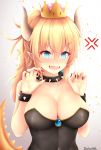  anger_vein bangs black_collar black_leotard blonde_hair blue_eyes blush bowsette bracelet breasts cleavage collar crown endsmall_min eyebrows_visible_through_hair fangs fingernails gradient gradient_background grey_background hair_between_eyes highres horns jewelry large_breasts leotard long_fingernails long_hair mario_(series) md5_mismatch mini_crown nail_polish new_super_mario_bros._u_deluxe nose_blush open_mouth ponytail red_nails signature solo spiked_bracelet spiked_collar spiked_tail spikes strapless strapless_leotard super_crown tail tail_raised v-shaped_eyebrows 