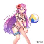  ass_visible_through_thighs bangle bead_bracelet beads bikini blush bracelet breasts cleavage company_name flower hair_between_eyes hair_flower hair_ornament hibiscus highres jewelry long_hair looking_at_viewer medium_breasts navel necklace official_art open_mouth otosume_ruiko purple_eyes purple_hair sangoku_infinity solo standing swimsuit thigh_strap volleyball wet white_background zhao_chen 