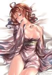  ahoge arashi_(kantai_collection) blush breasts commentary_request eyebrows_visible_through_hair japanese_clothes juurouta kantai_collection kimono long_sleeves lying medium_hair messy_hair obi on_back purple_eyes red_hair sash small_breasts solo sweat sweatdrop twitter_username yukata 