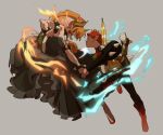  1girl battle blonde_hair boots bowsette bracelet clenched_hands collar crown dress earrings fire gloves grey_background highres holding holding_weapon horns jewelry kendy_(revolocities) looking_at_another lord_peach mario_(series) muscle muscular_female new_super_mario_bros._u_deluxe open_mouth parasol pointy_ears ponytail red_hair shell simple_background sleeveless sleeveless_dress spiked_armlet spiked_bracelet spiked_collar spiked_shell spikes umbrella weapon white_gloves 