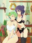  black_bra black_panties bra breasts cleavage garter_belt glasses green_hair hikage_(senran_kagura) jpeg_artifacts lace large_breasts lingerie multiple_girls navel official_art open_mouth panties purple_hair s senran_kagura senran_kagura_new_wave slit_pupils smile suzune_(senran_kagura) tattoo thighhighs underwear underwear_only white_panties yellow_eyes 