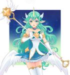  alternate_costume alternate_eye_color alternate_hair_color animal_ears armlet bare_shoulders blue_choker blue_skirt breasts choker elbow_gloves gloves green_eyes green_hair highres holding holding_staff horn league_of_legends long_hair looking_at_viewer mad39 magical_girl medium_breasts night night_sky outdoors pointy_ears skirt sky smile solo soraka staff standing star_guardian_soraka thighhighs very_long_hair white_gloves white_legwear wings 