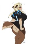 2018 anthro big_breasts blonde_hair blue_eyes blush bottomless breasts brown_fur butt canine clothed clothing digital_media_(artwork) ear_piercing elnora_karkhov embarrassed female fur hair in_heat looking_at_viewer mammal piercing pussy_juice shirt simple_background solo standing thick_thighs white_background yogoat 