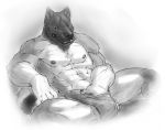  2010 5_fingers abs akita anthro biceps biped briefs canine clothed clothing digital_media_(artwork) dog erection front_view greyscale hurst lips male mammal monochrome muscular muscular_male neodokuro nipples pecs penis poking_out sitting snout solo spread_legs spreading teeth topless underwear 