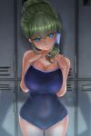  bare_shoulders blue_eyes blush breasts cleavage collarbone commentary_request frog_hair_ornament green_hair hair_ornament highres huge_breasts jitome kochiya_sanae locker long_hair looking_at_viewer one-piece_swimsuit school_swimsuit shounen_(hogehoge) snake_hair_ornament solo swimsuit tied_hair touhou wet wide_hips 