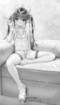  absurdres bikini commentary_request couch cross flat_chest greyscale hat highres illustogre micro_bikini monochrome navel nurse_cap original sitting spread_legs swimsuit syringe thighhighs twintails 