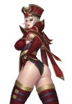  absurdres armor ass bangs breasts elbow_gloves facial_mark from_behind gloves hand_on_hip hat heroes_of_the_storm highres karmiel large_breasts leotard lips lipstick looking_at_viewer looking_back makeup parted_lips red_eyes sally_whitemane shiny shiny_skin short_hair shoulder_armor simple_background smile solo thighhighs thighs warcraft white_background white_hair world_of_warcraft 