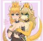  &lt;3 2018 alternate_species anthro big_breasts blonde_hair blue_eyes blush border bowser bowsette_meme bracelet breasts clothed clothing collar convenient_censorship crown curved_horn dress english_text female female/female green_skin hair hand_on_breast horn humanoid jewelry koopa mario_bros nintendo nude pink_background pink_border princess_koopa princess_peach scalie simple_background spiked_armlet spiked_bracelet spiked_collar spikes super_crown sweat sweatdrop text tongue tongue_out unknown_artist_(artist) video_games white_border white_skin yellow_skin 