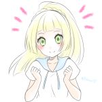  blonde_hair closed_mouth green_eyes lillie_(pokemon) long_hair pokemon pokemon_(game) pokemon_sm ponytail shirt short_sleeves simple_background smile solo stardrop twitter_username white_background white_shirt 