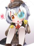  1girl :o bag bird_tail commentary detective gloves grey_hair hat kemono_friends kemono_friends_festival looking_at_viewer magnifying_glass makuran multicolored_hair northern_white-faced_owl_(kemono_friends) orange_eyes pantyhose pantyhose_under_shorts short_hair shoulder_bag simple_background sitting solo speech_bubble squatting white_hair white_legwear yellow_gloves 